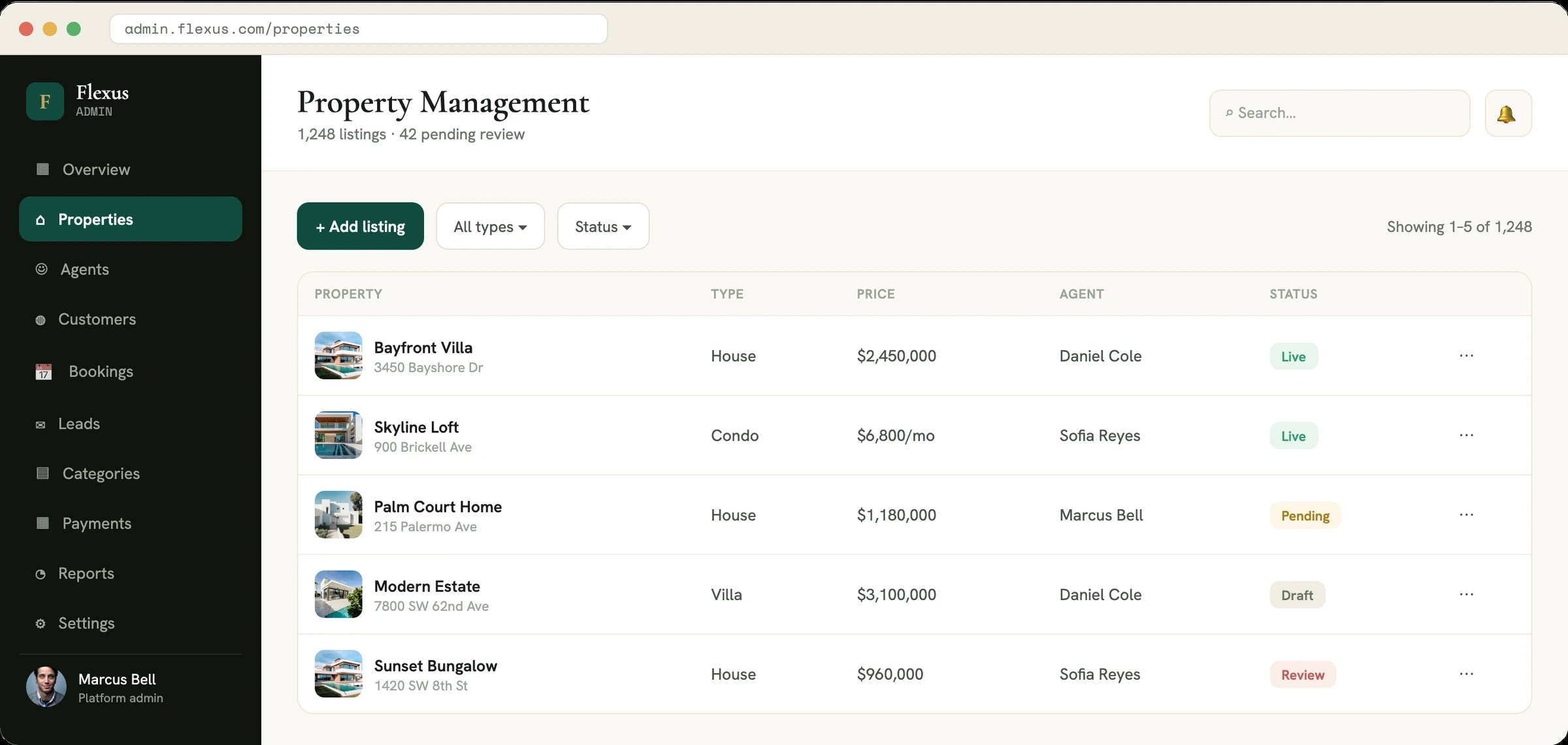 Real estate admin property management screen