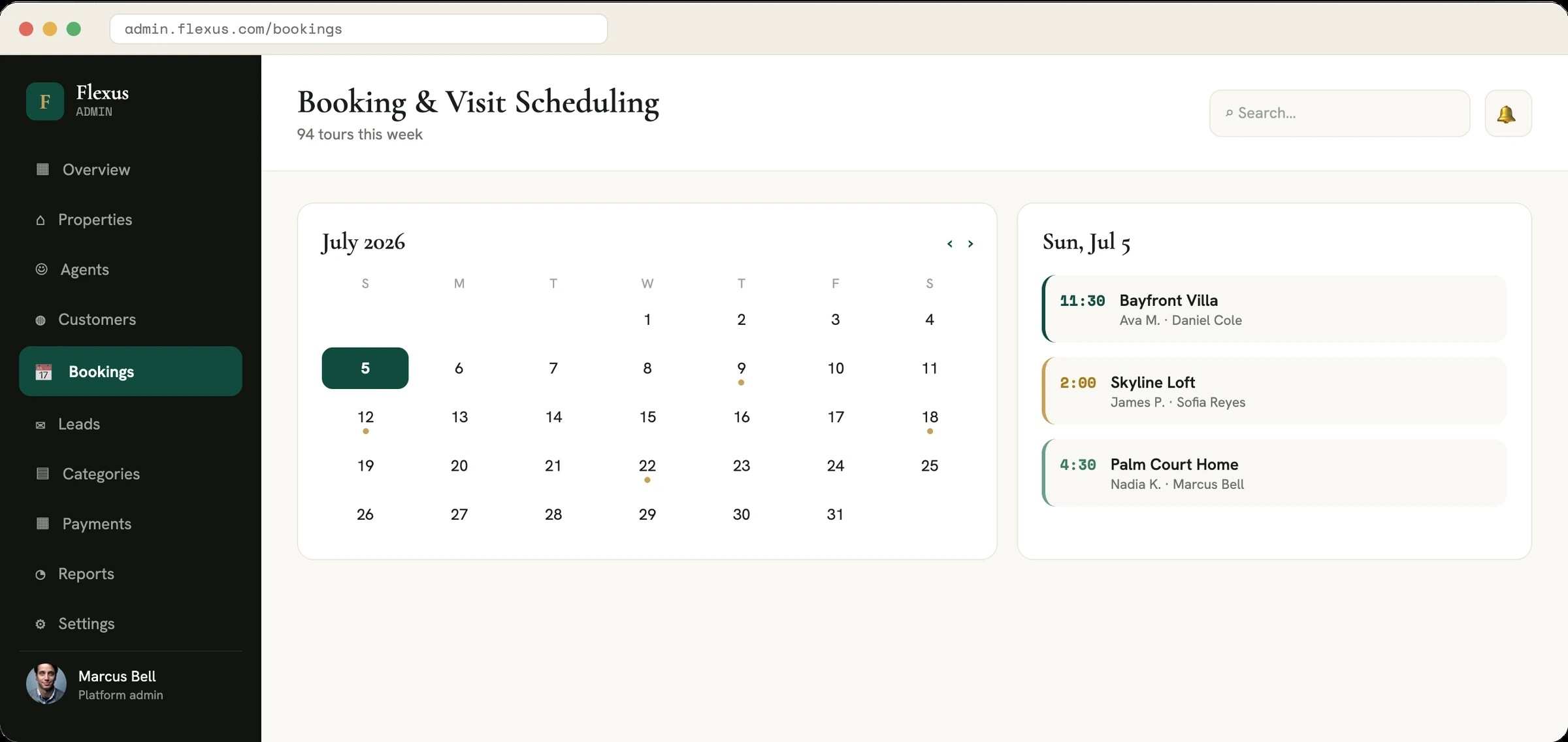 Real estate admin booking and scheduling screen