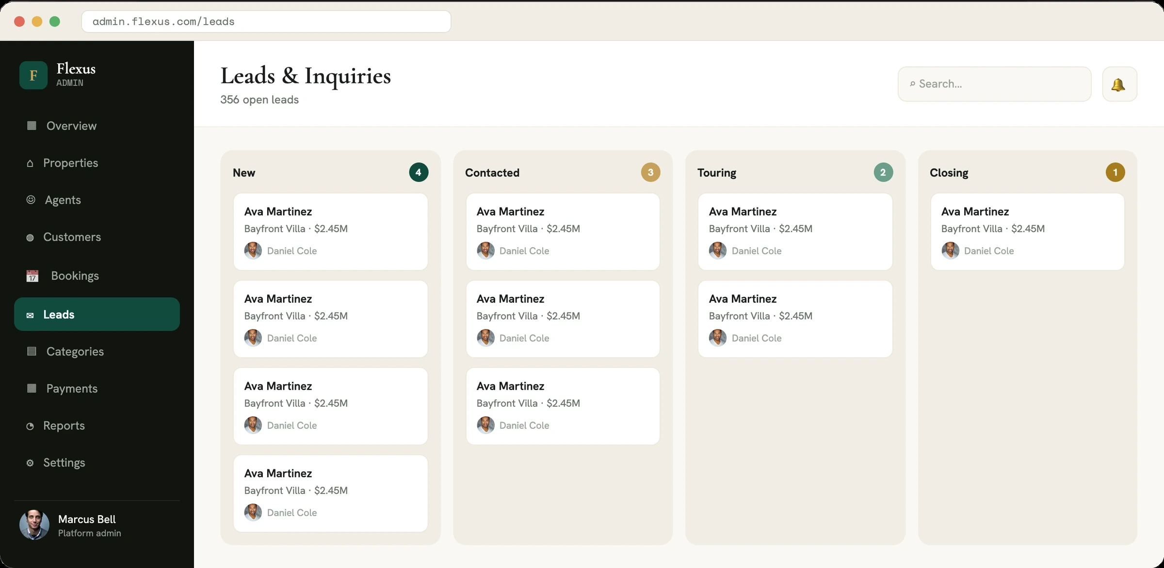 Real estate admin leads and inquiries screen