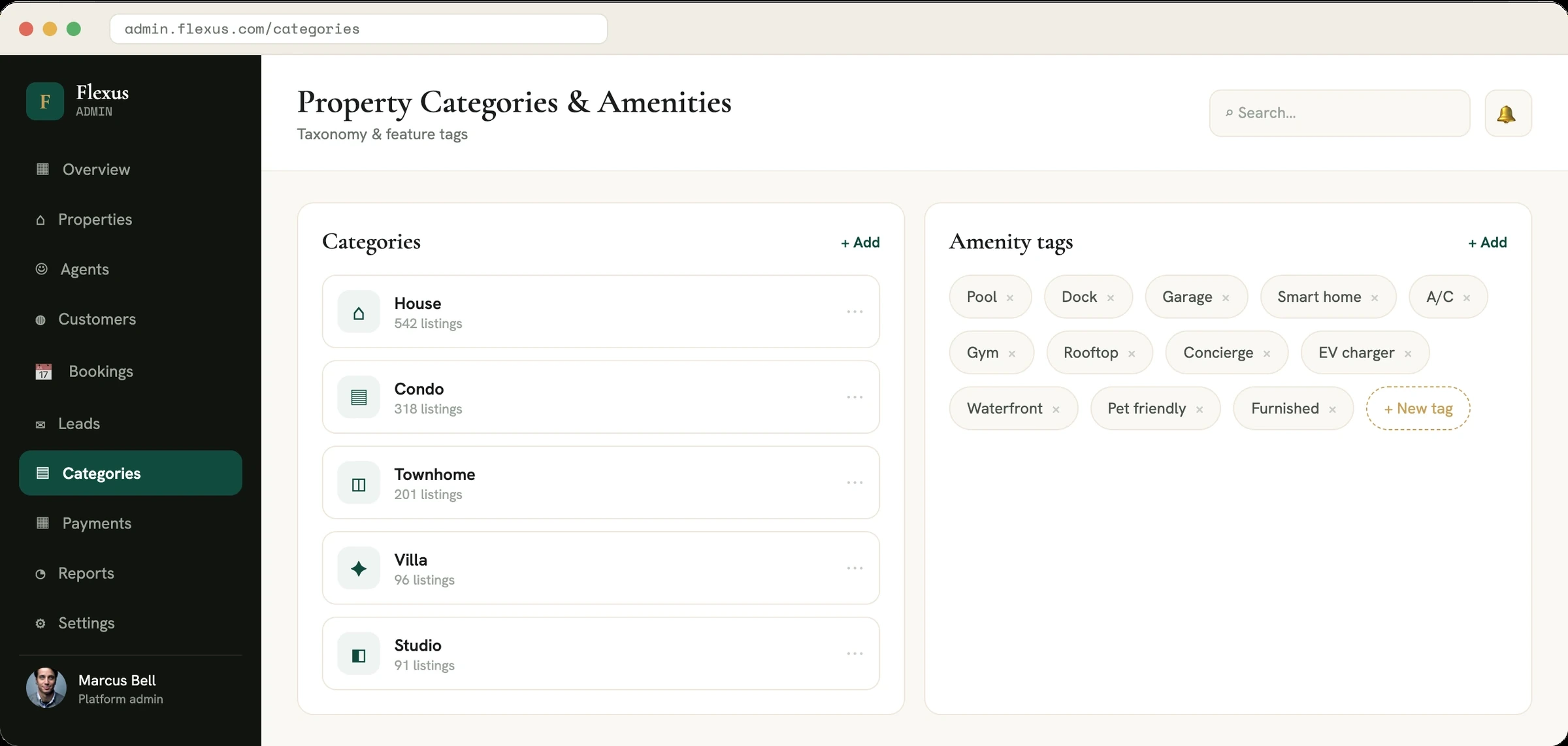 Real estate admin categories and amenities screen