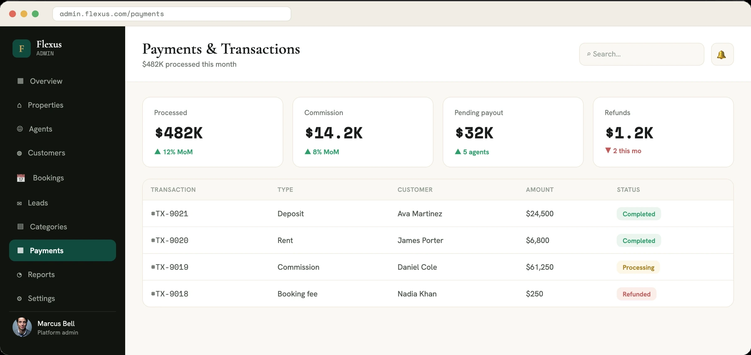 Real estate admin payments and transactions screen