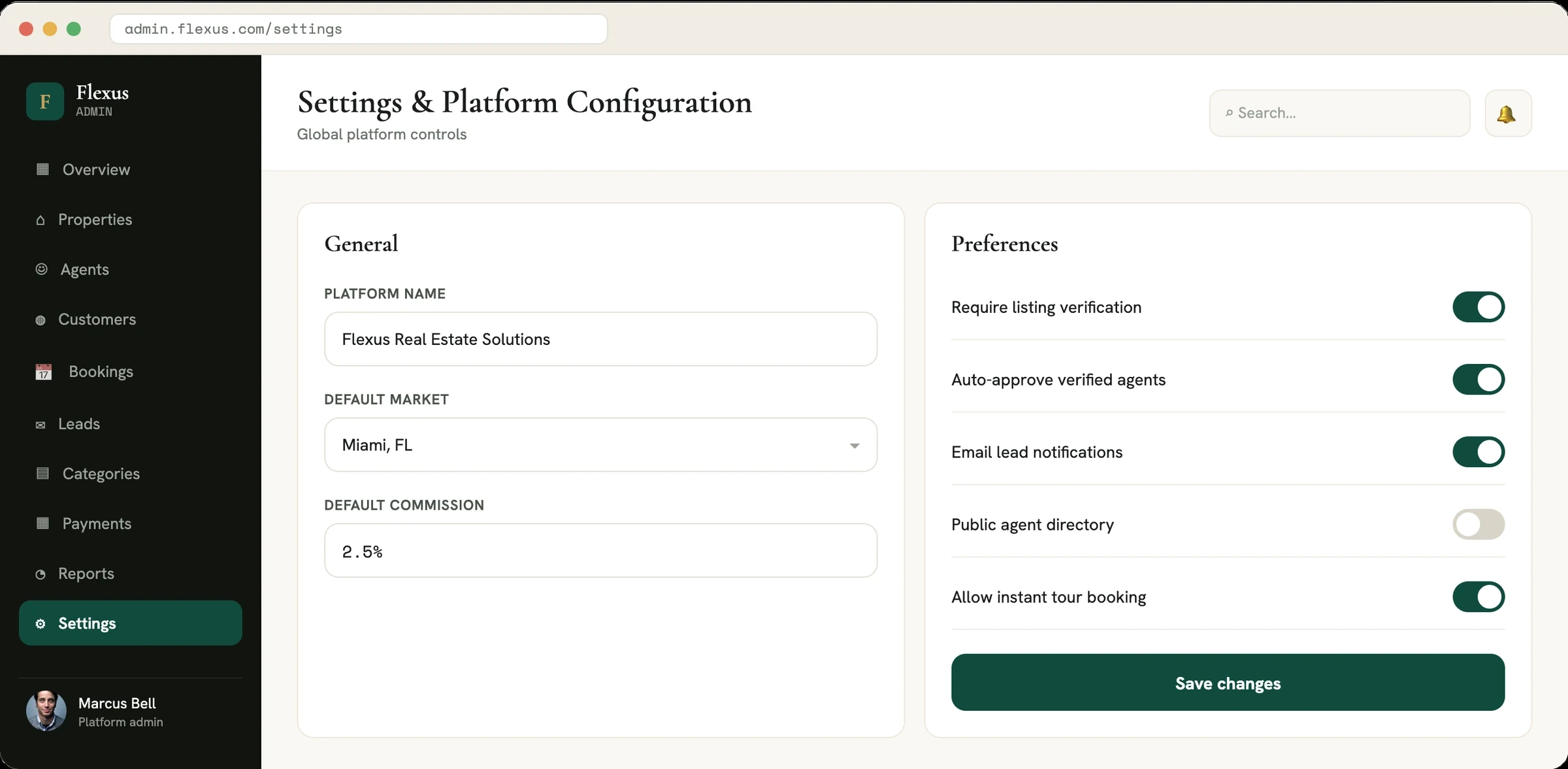 Real estate admin settings screen