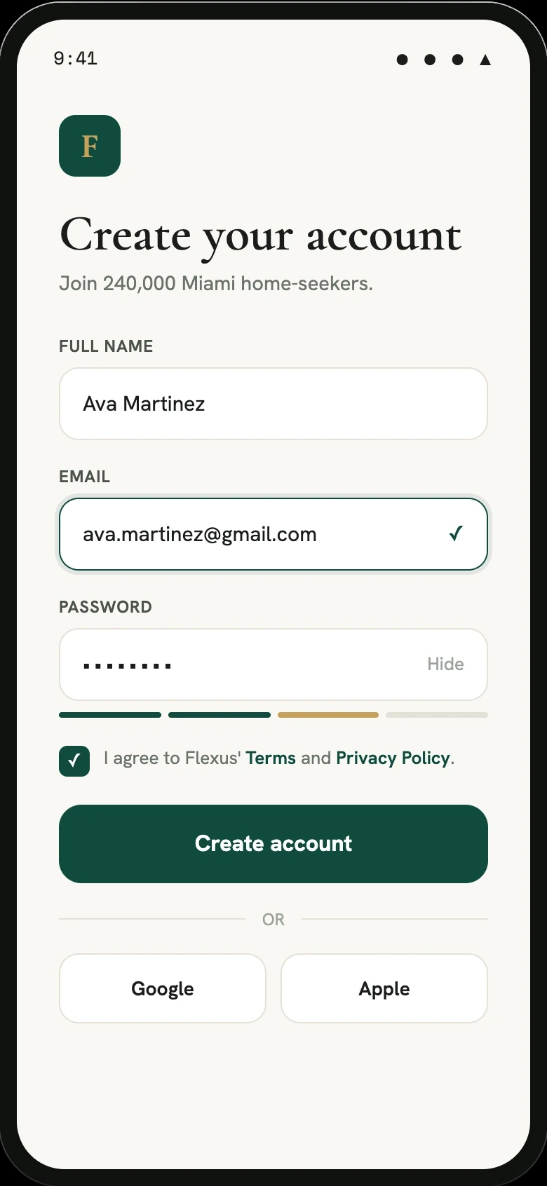 Real estate customer app signup screen