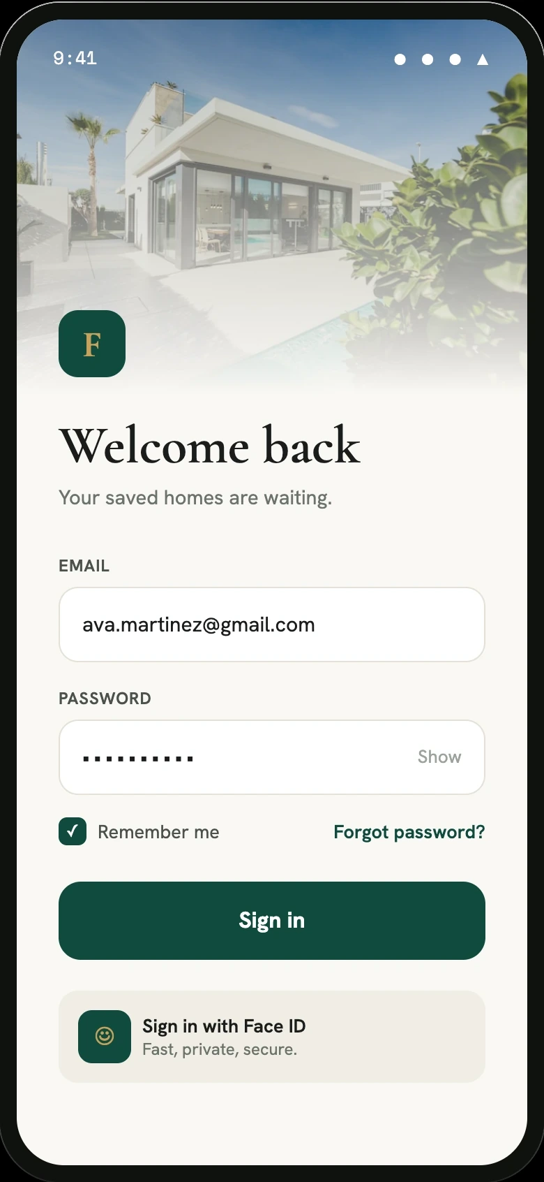 Real estate customer app sign-in screen