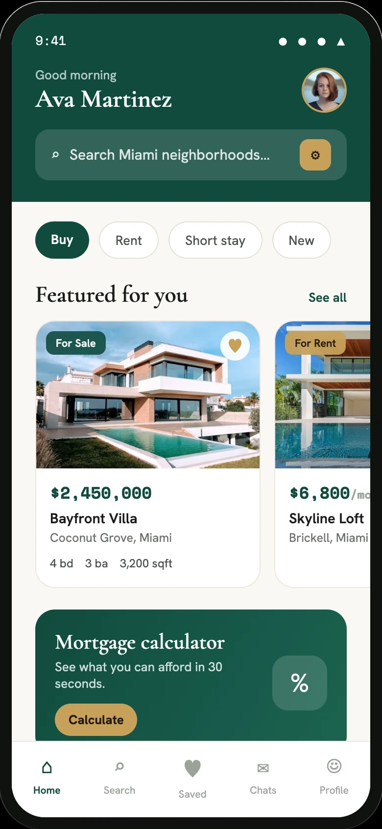 Real estate customer app home dashboard with featured listings