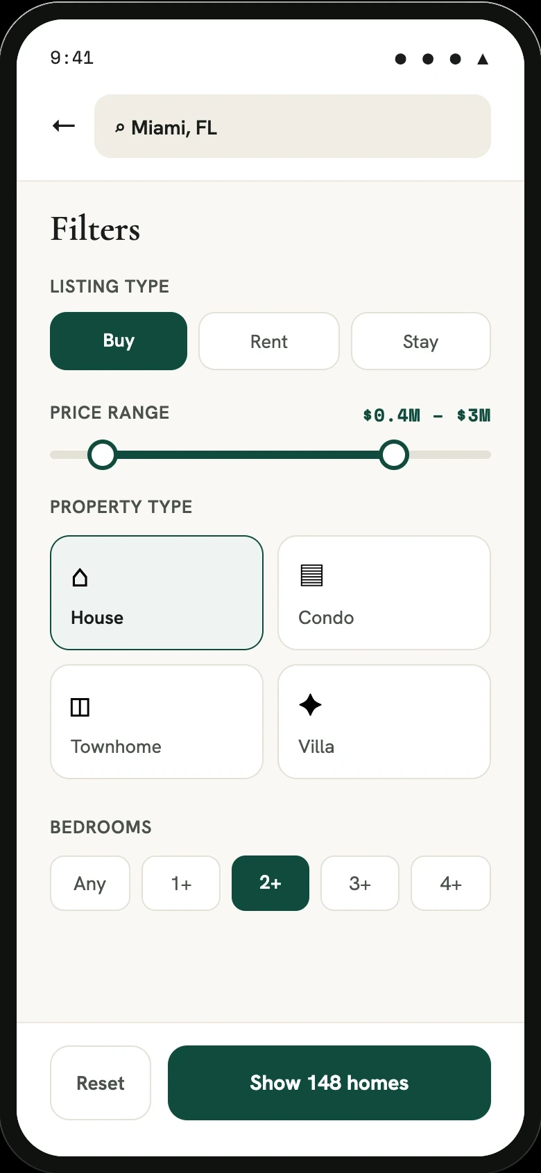Real estate customer app property search screen