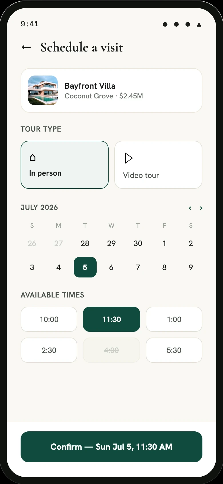 Real estate customer app schedule visit screen