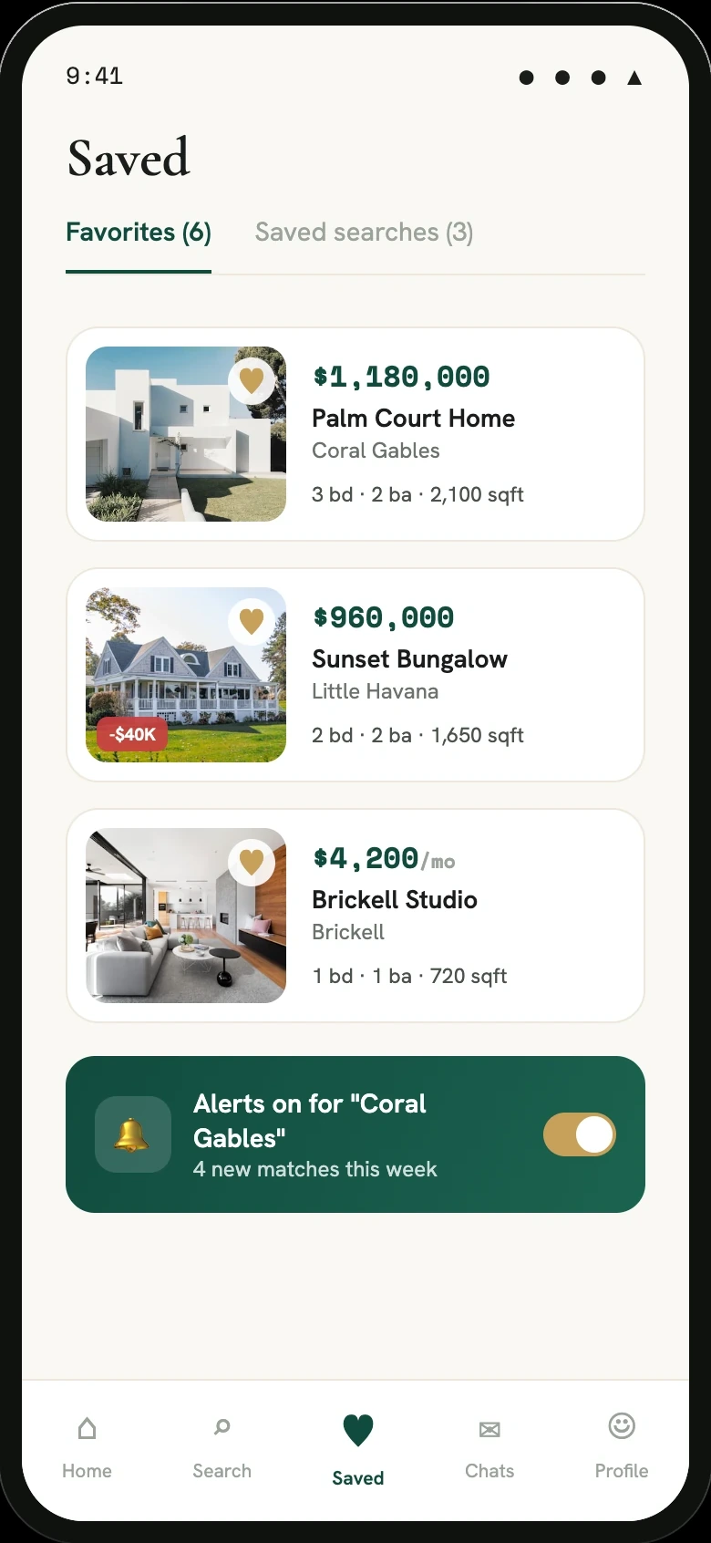 Real estate customer app favorites and saved homes screen