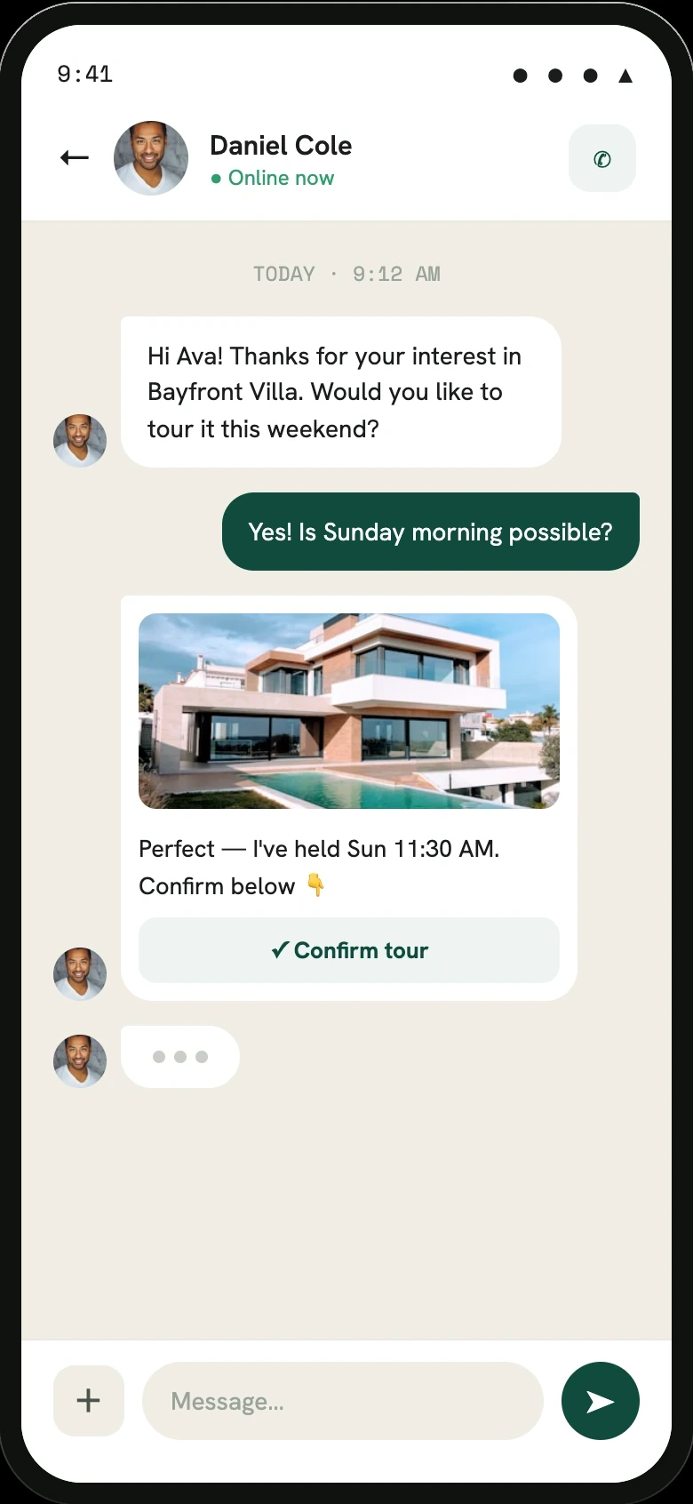 Real estate customer app chat with agent screen
