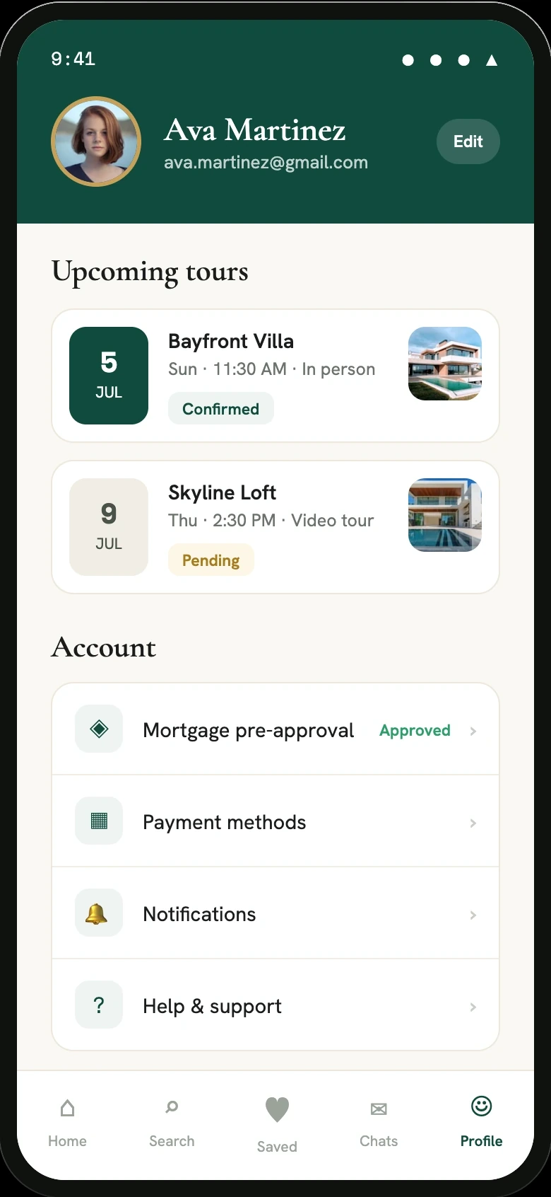 Real estate customer app profile and bookings screen
