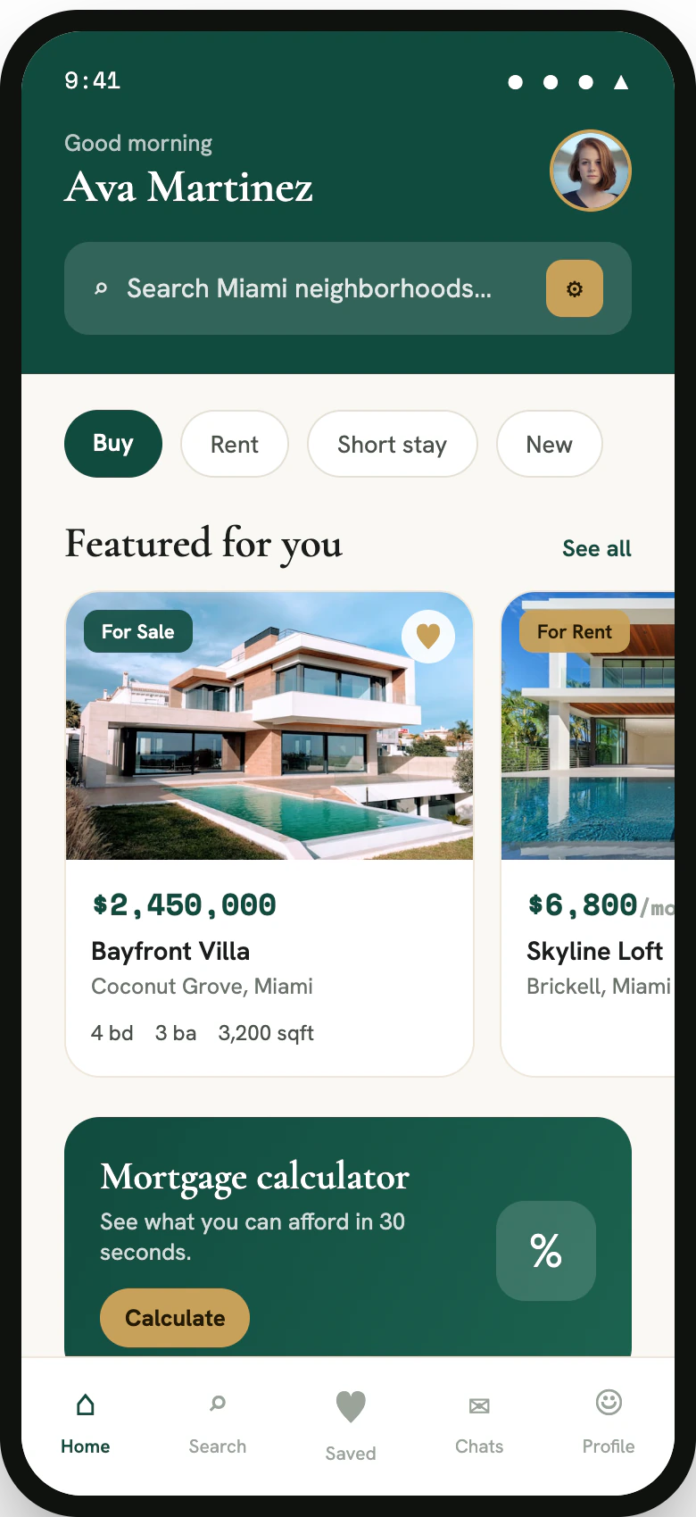 Customer app home — featured listings and neighborhood search