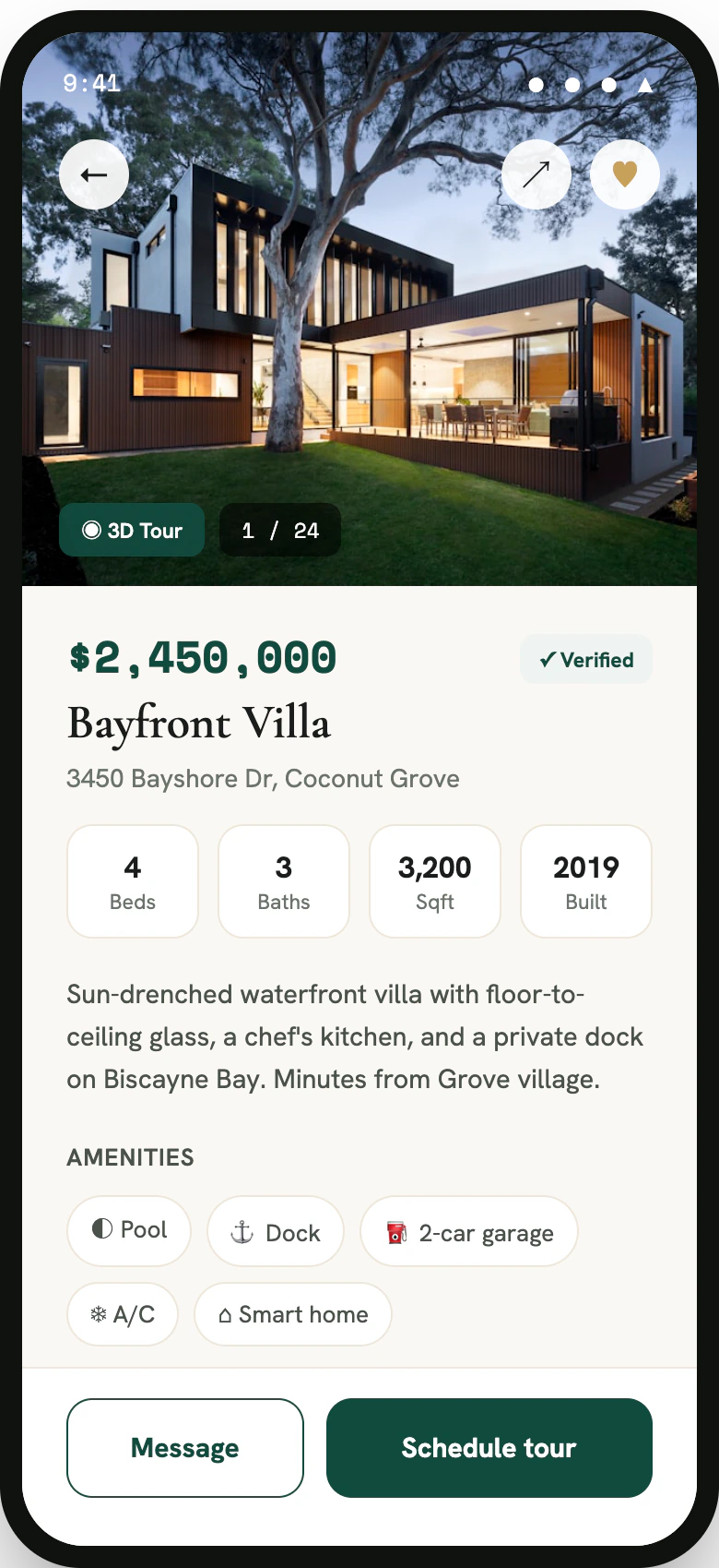 Customer app property details — photos, price, and schedule a visit