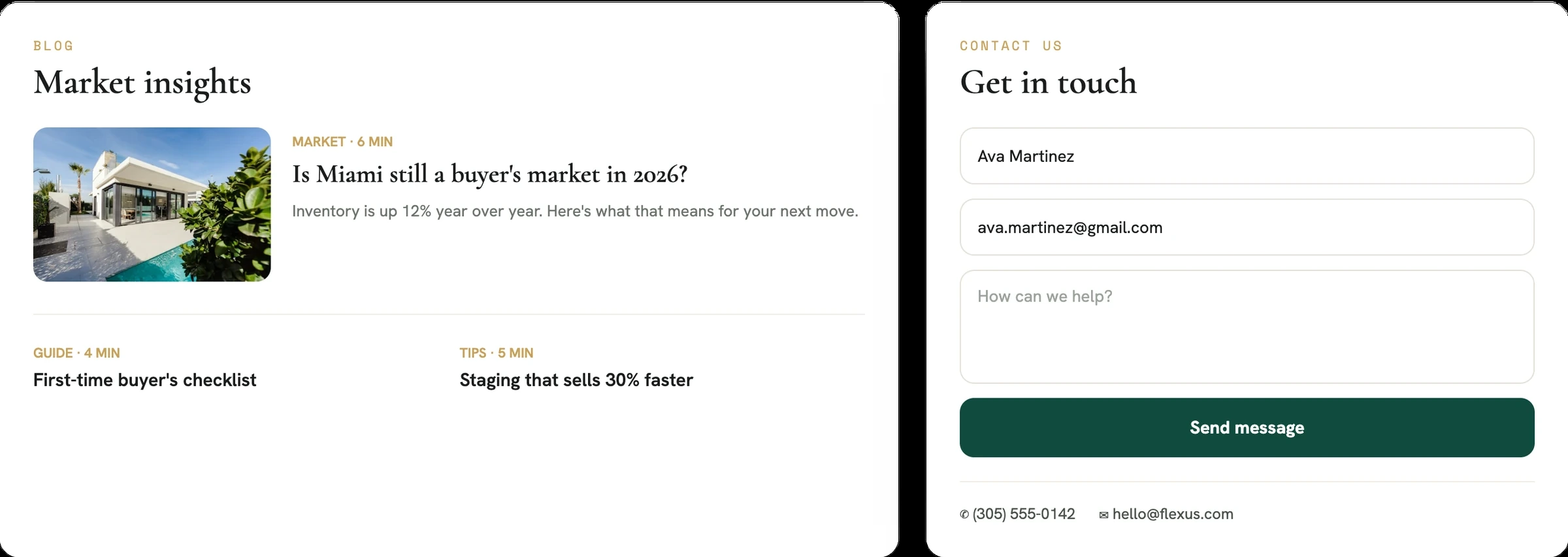 Real estate website blog and contact section