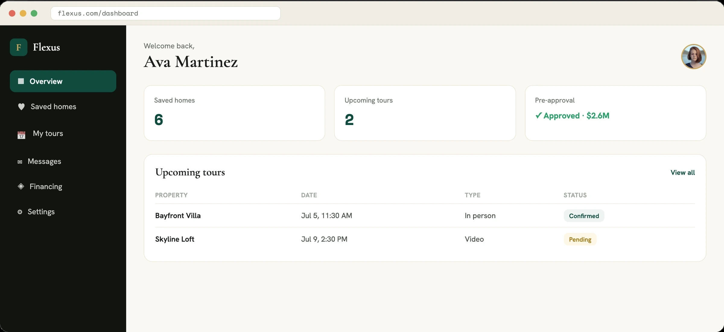 Real estate website signed-in user dashboard