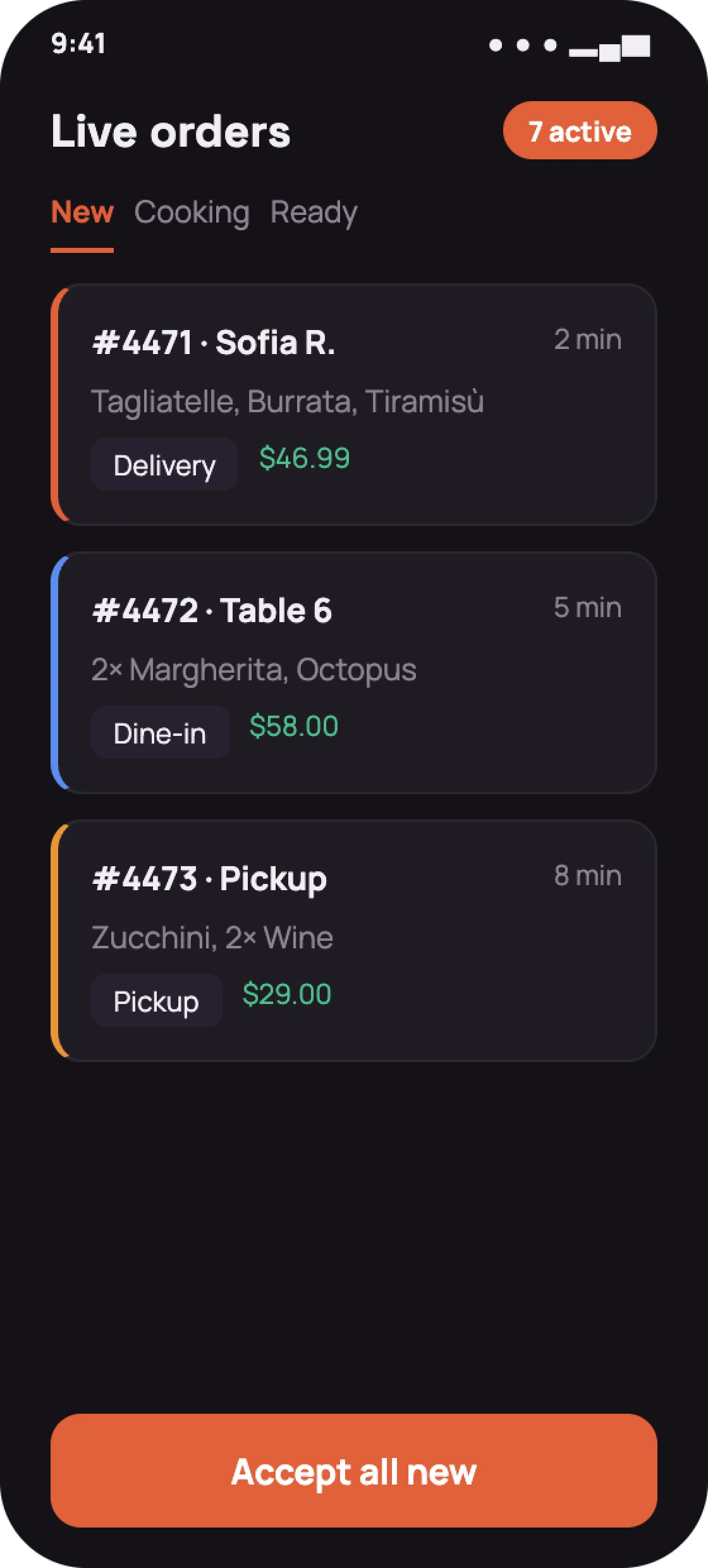 Restaurant admin live orders screen