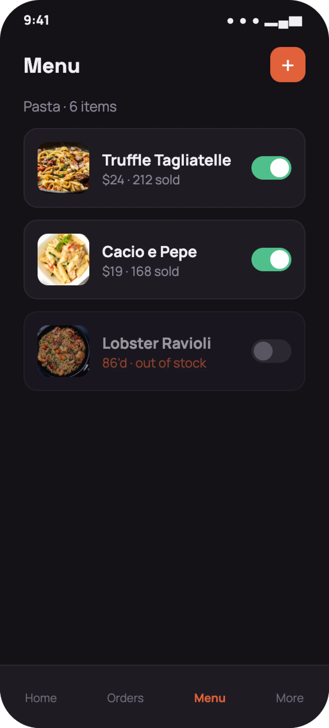 Restaurant admin menu management screen