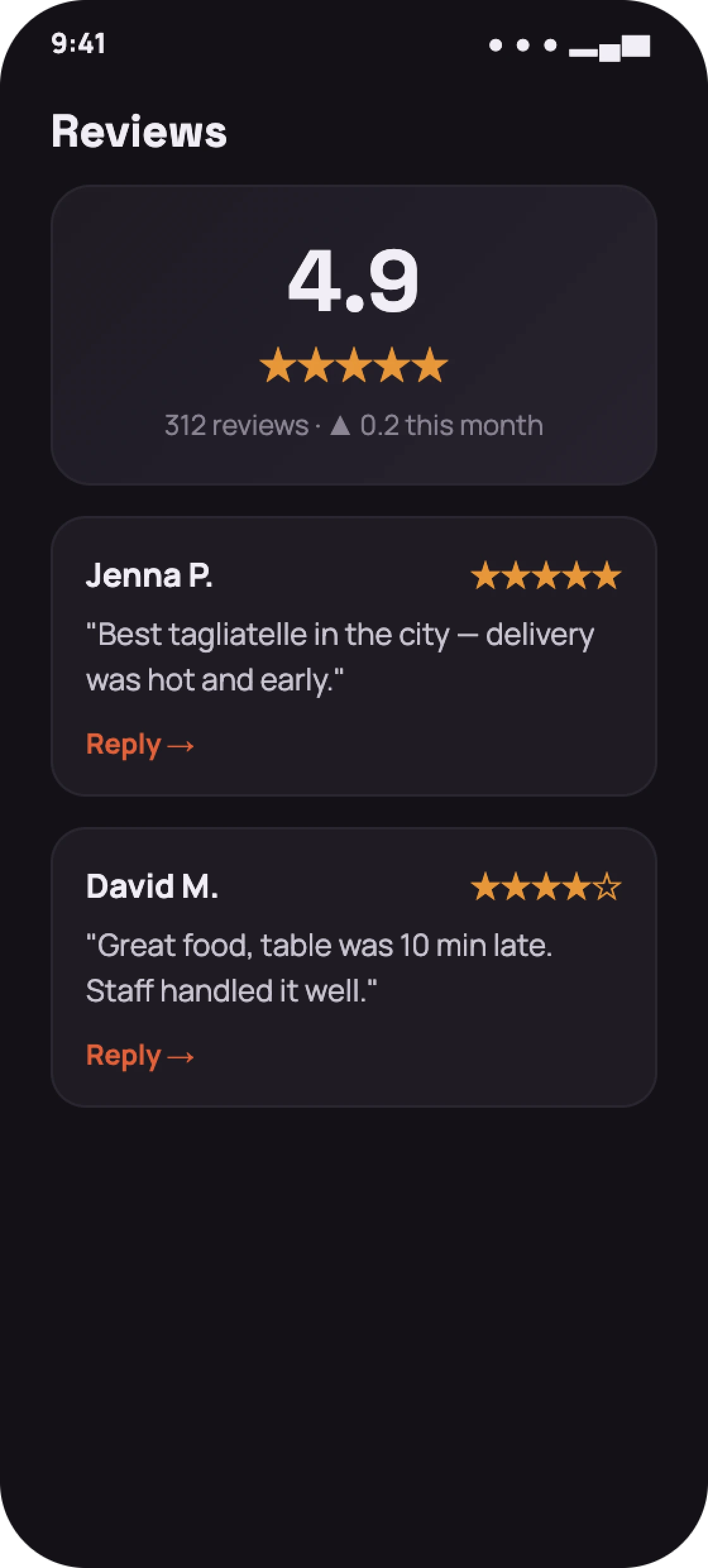 Restaurant admin reviews screen