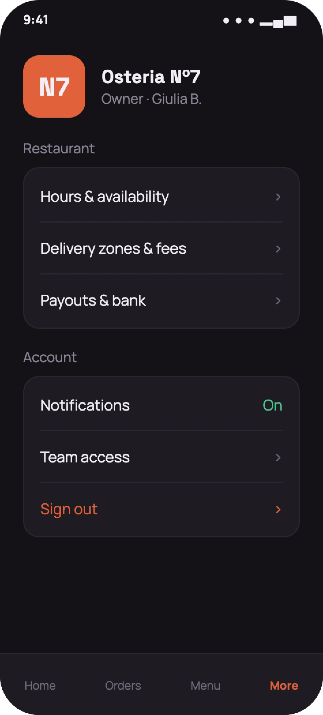 Restaurant admin settings screen