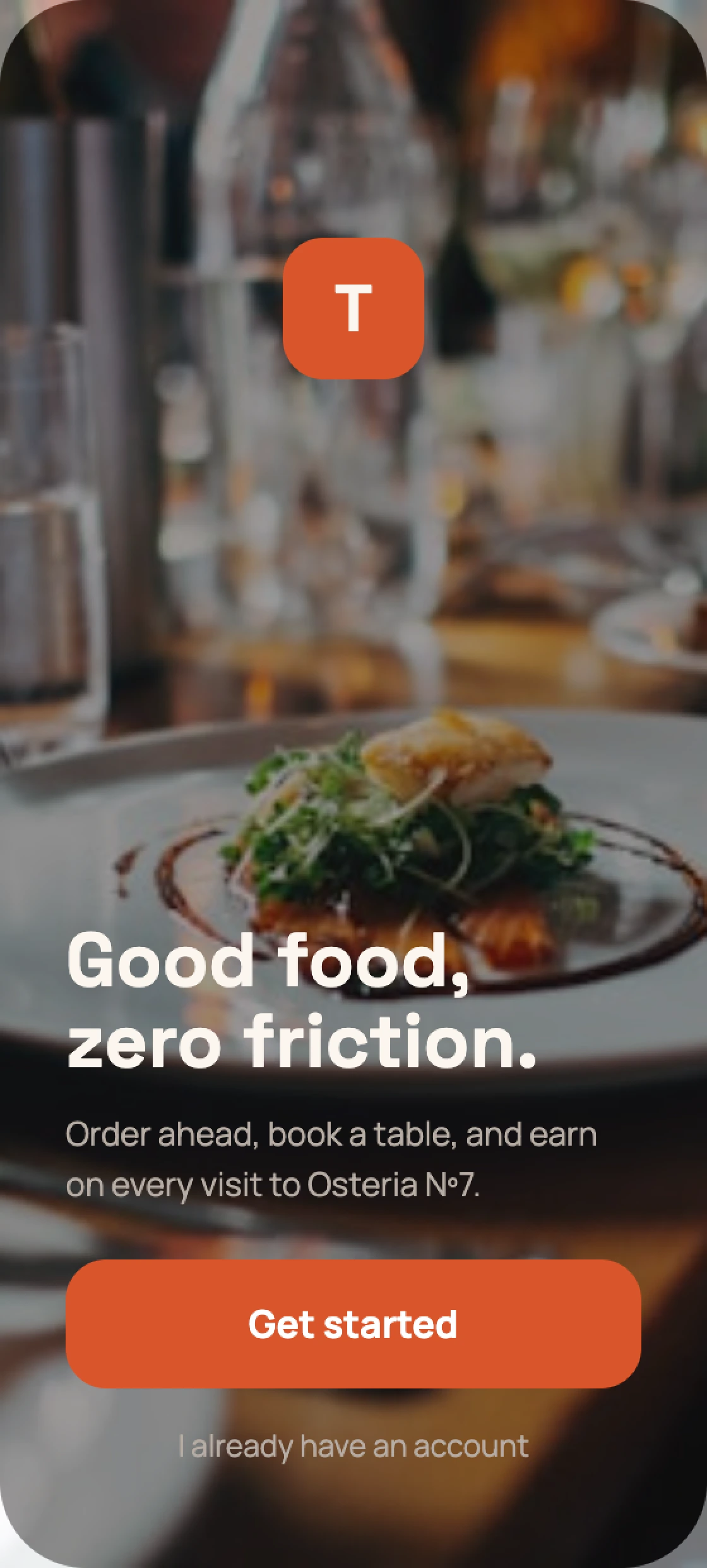 Restaurant guest app onboarding screen