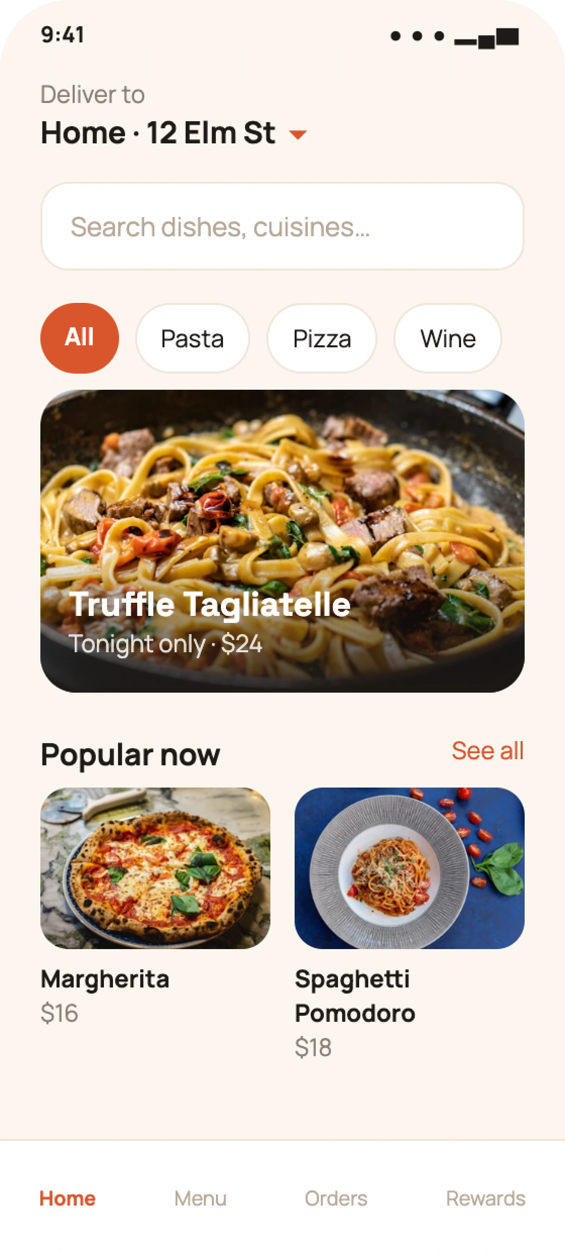 Restaurant guest app home with featured dishes
