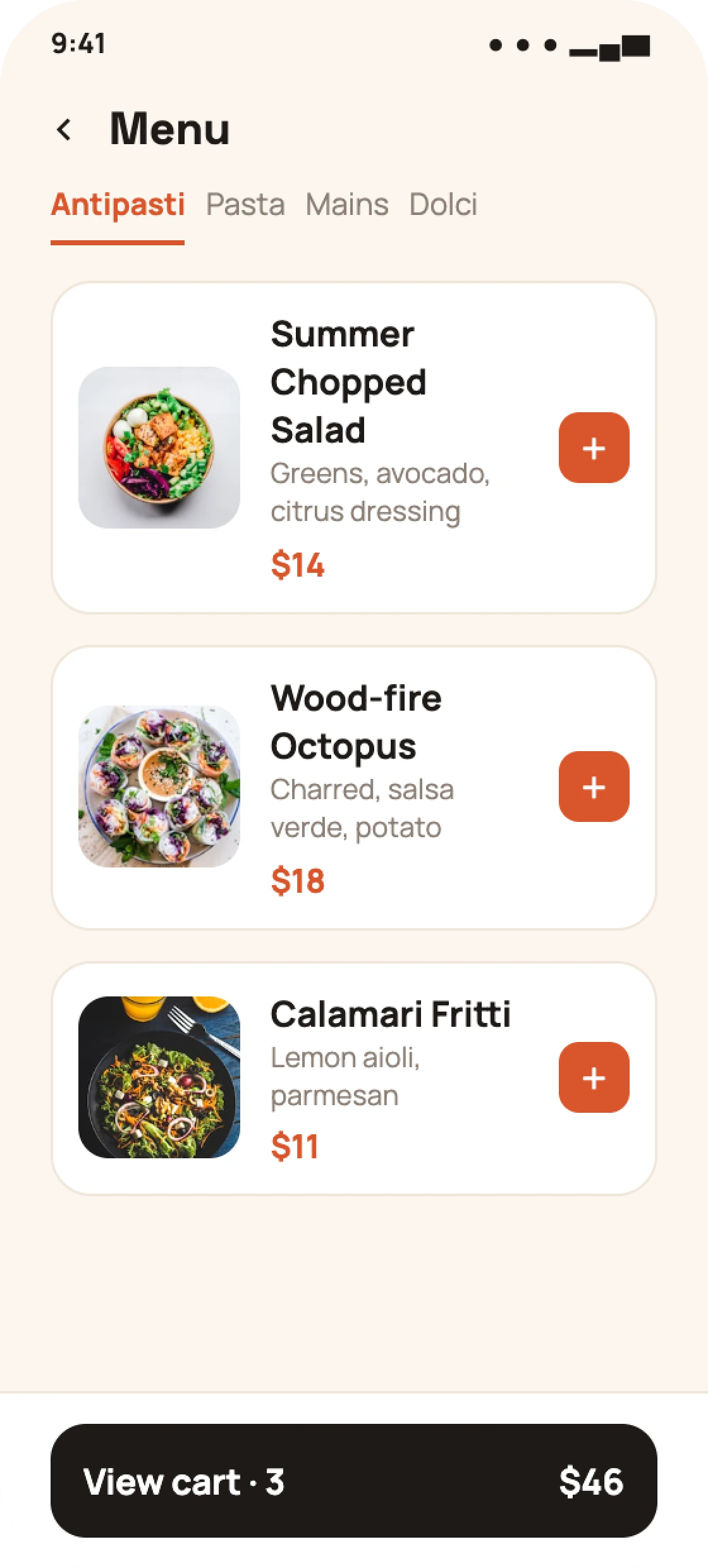 Restaurant guest app menu browse screen