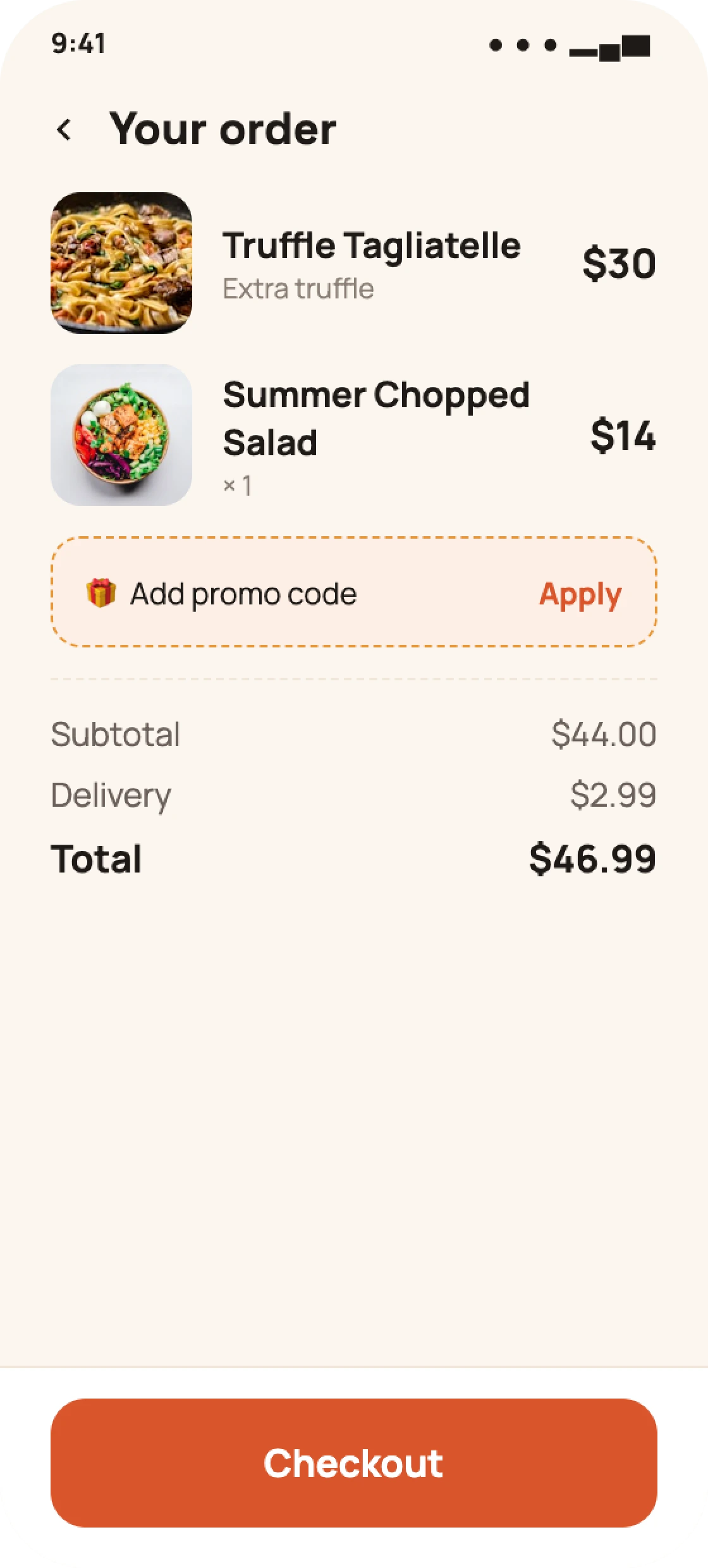 Restaurant guest app cart screen