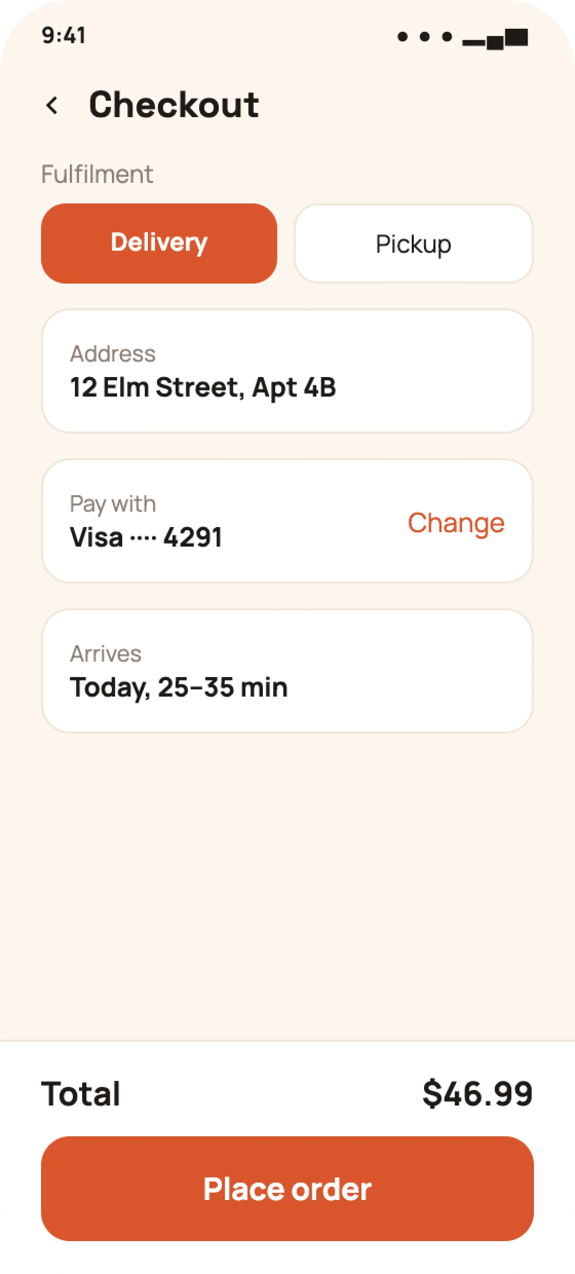 Restaurant guest app checkout screen
