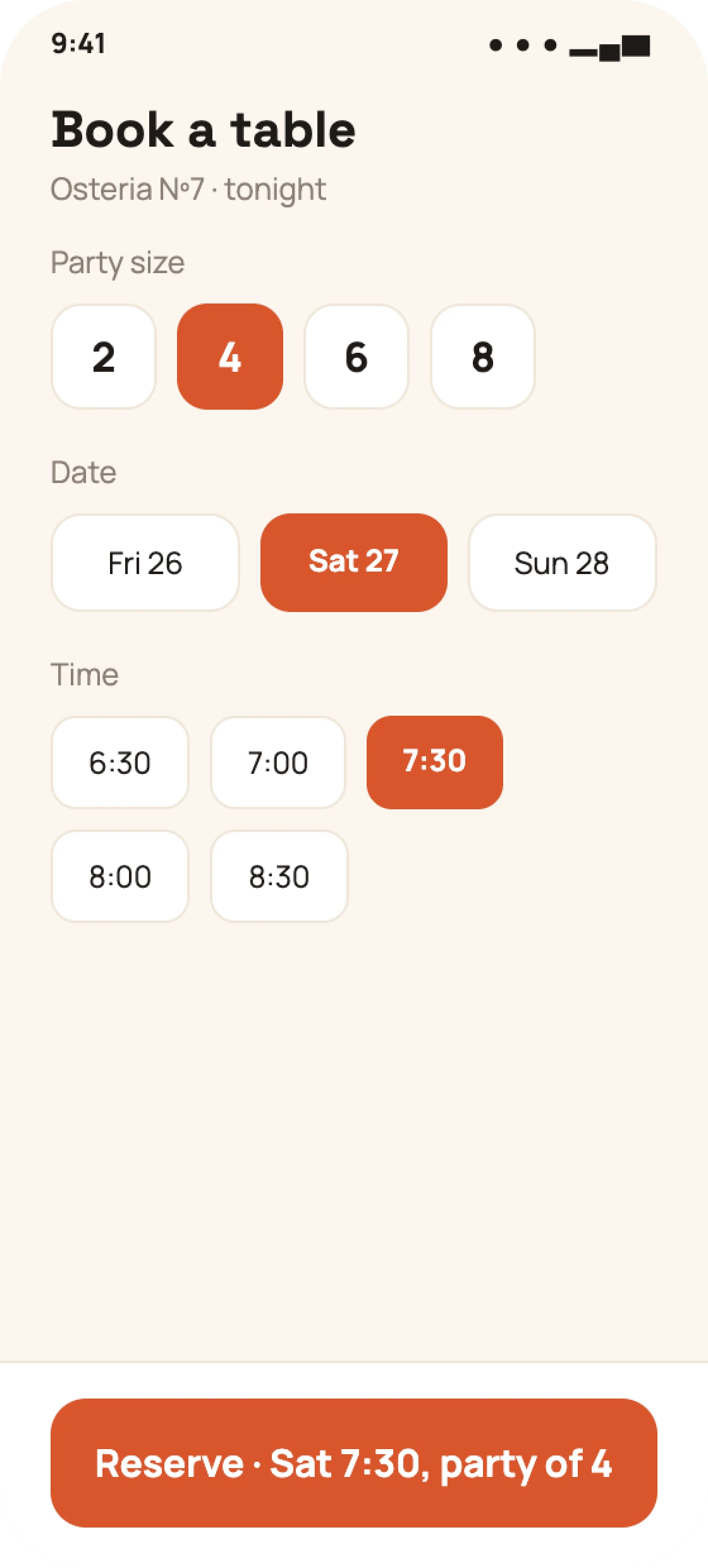 Restaurant guest app reservation screen