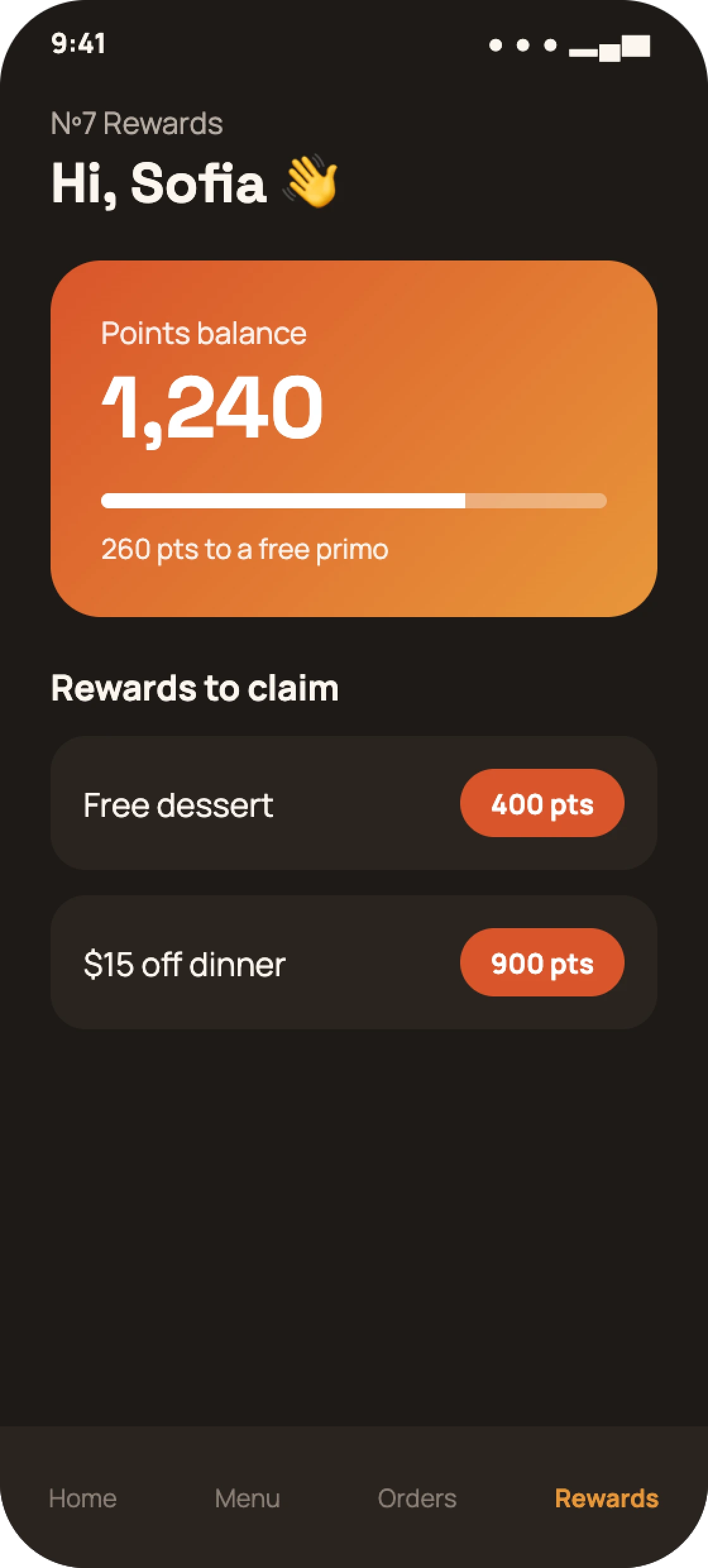 Restaurant guest app rewards screen