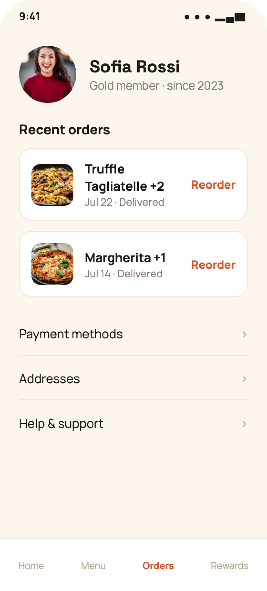 Restaurant guest app profile screen