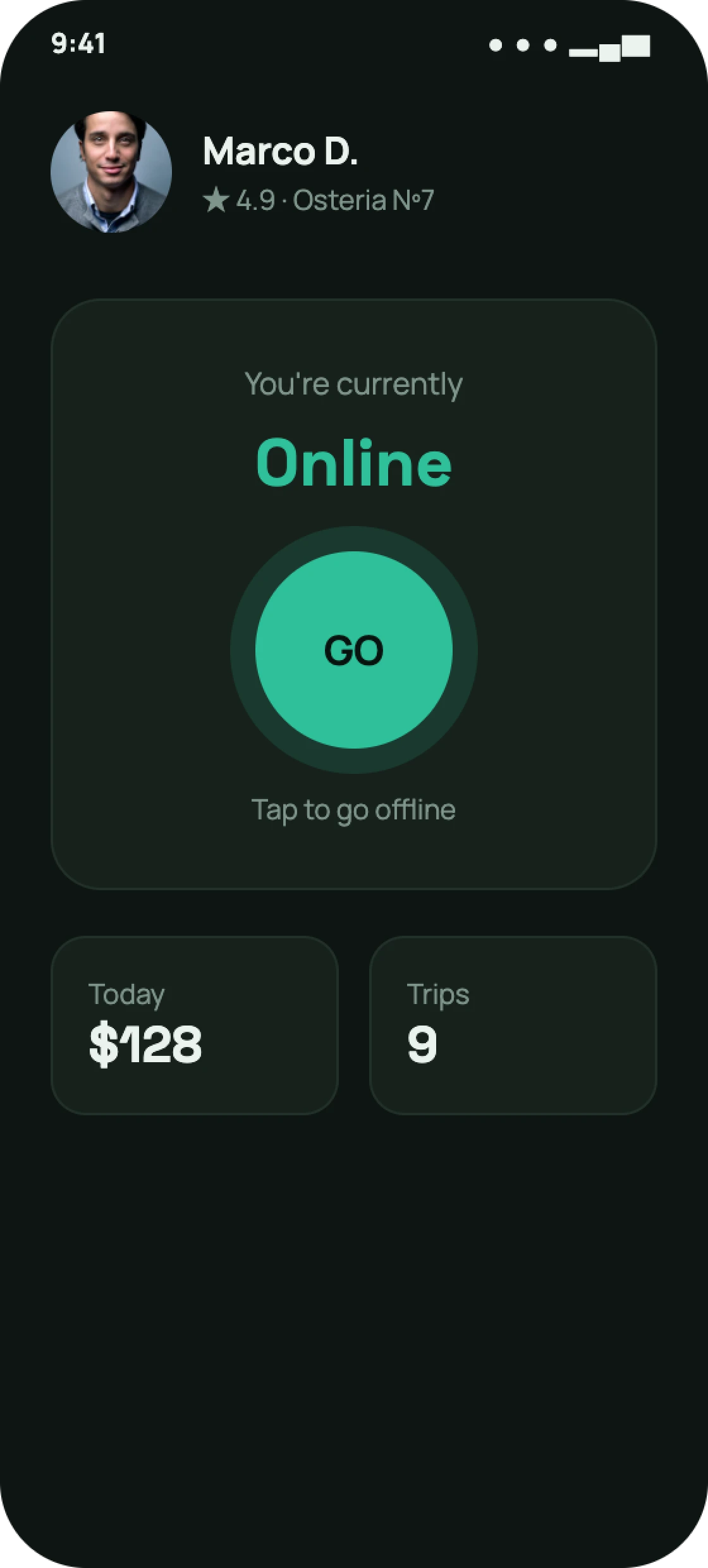 Delivery rider app go-online screen