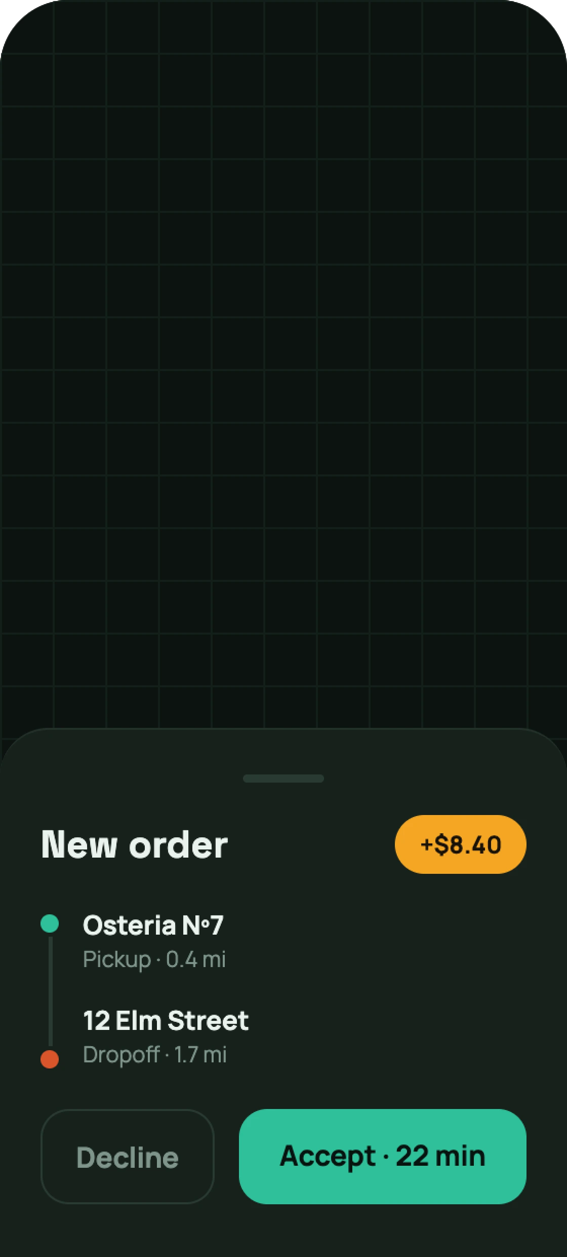 Delivery rider app order offer screen