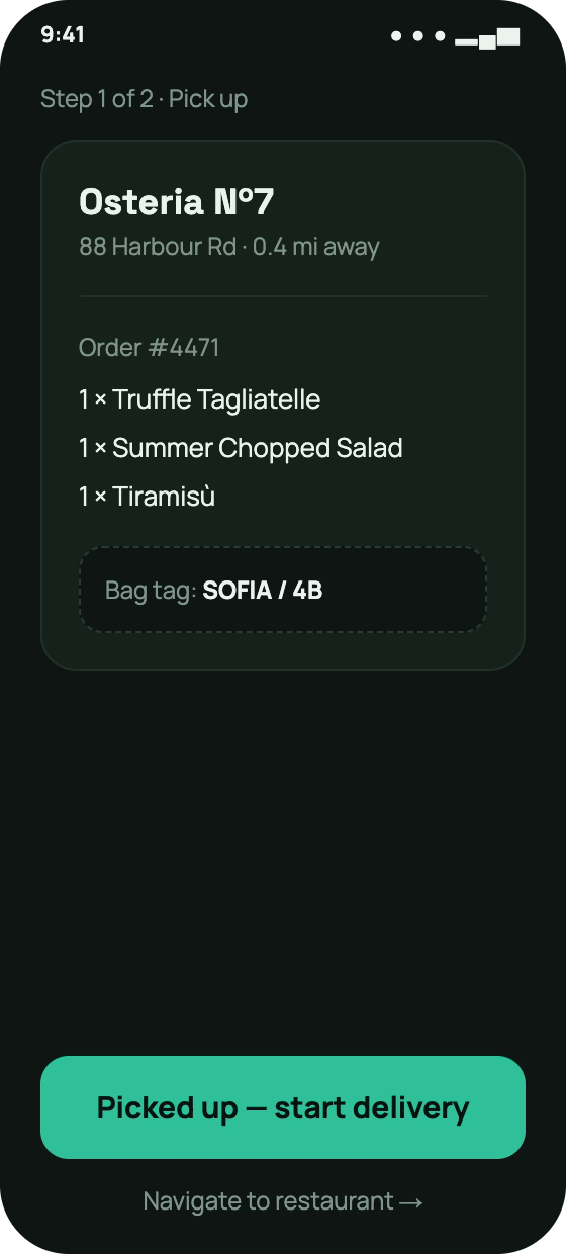 Delivery rider app pickup confirmation screen