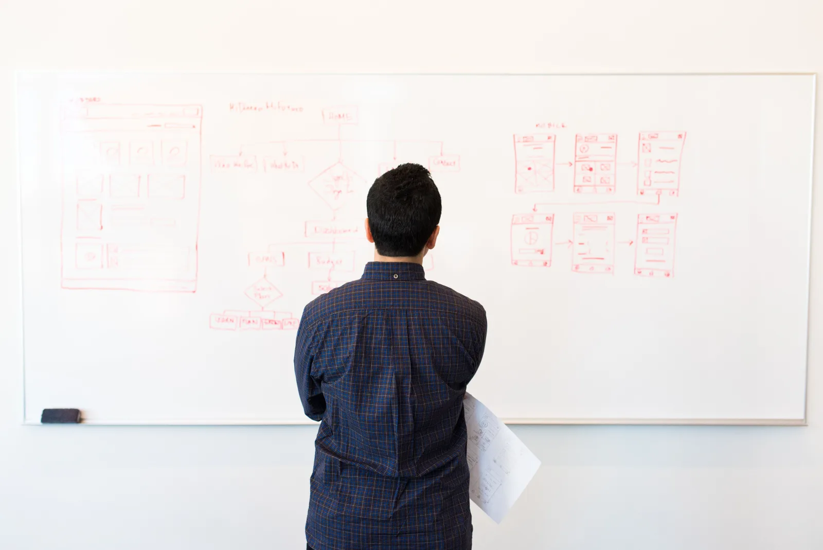 Strategist mapping information architecture on a whiteboard